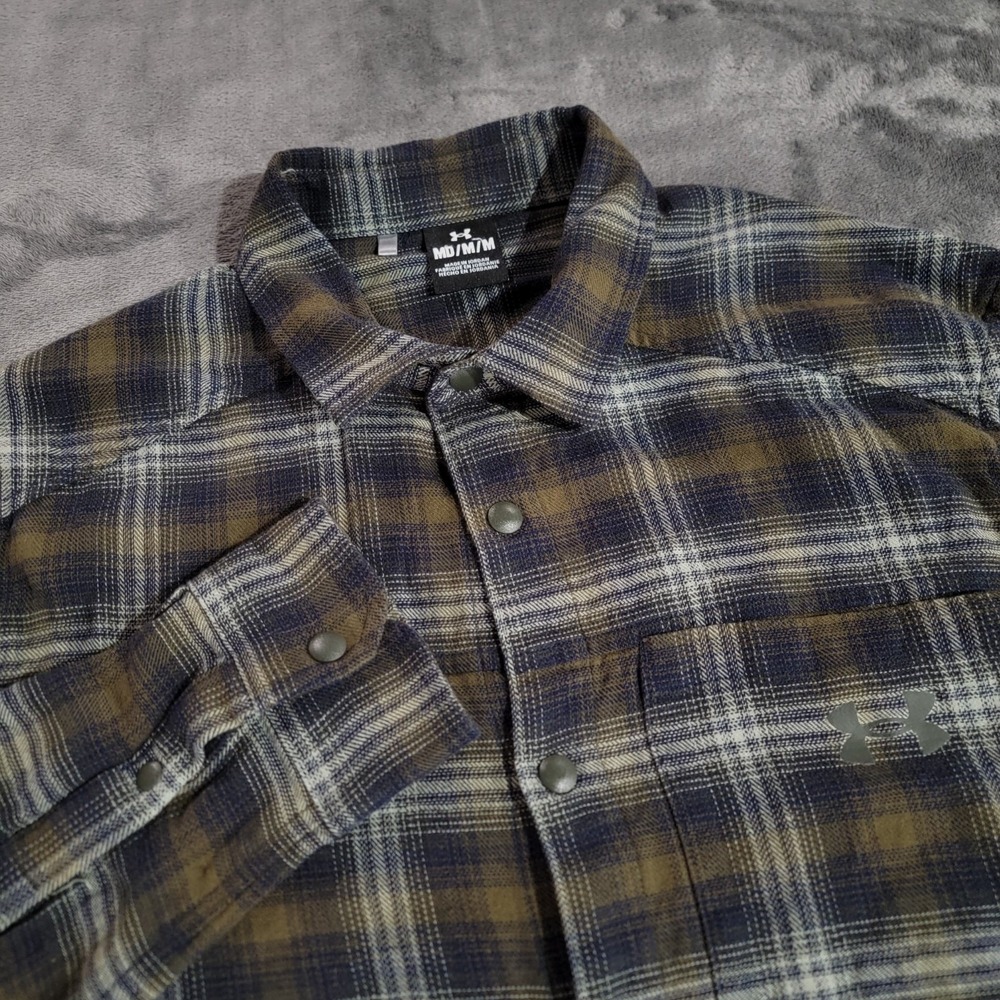 Under Armour Shirt Men Med Green Blue Plaid Tradesman Flex Flannel Snap Outdoor